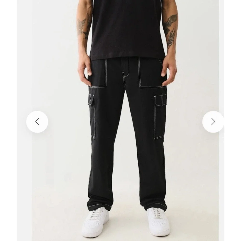 True Religion Brand Jeans Cargo Pants Jet Black Men Size 32 Baggy Y2K Streetwear